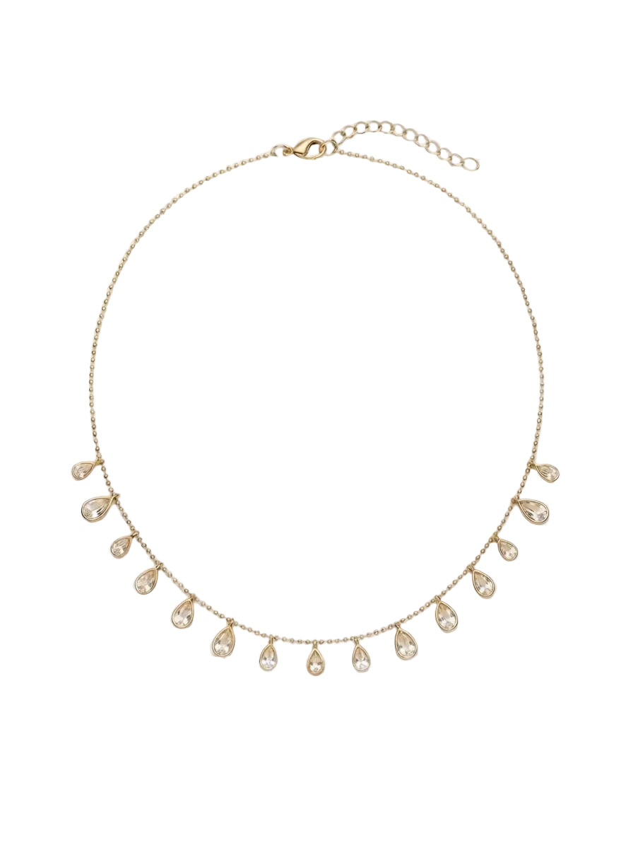 Dainty Gold Beaded Chain Necklace with Teardrop Crystal Charms