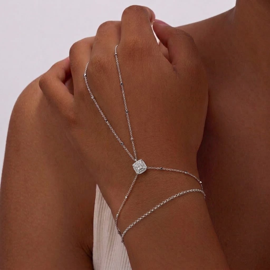 Radiant Square Crystal Silver Hand Chain / Slave Bracelet