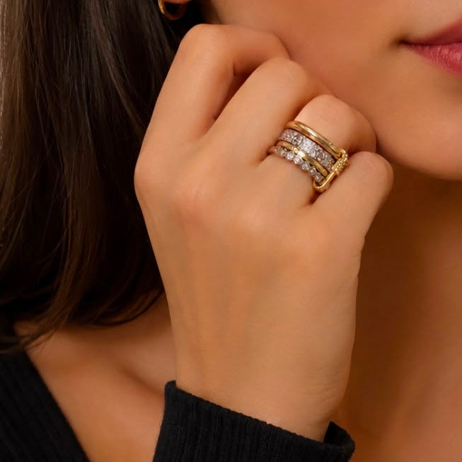 Gold & Silver Triple-Layer Diamond-Simulant Ring Set