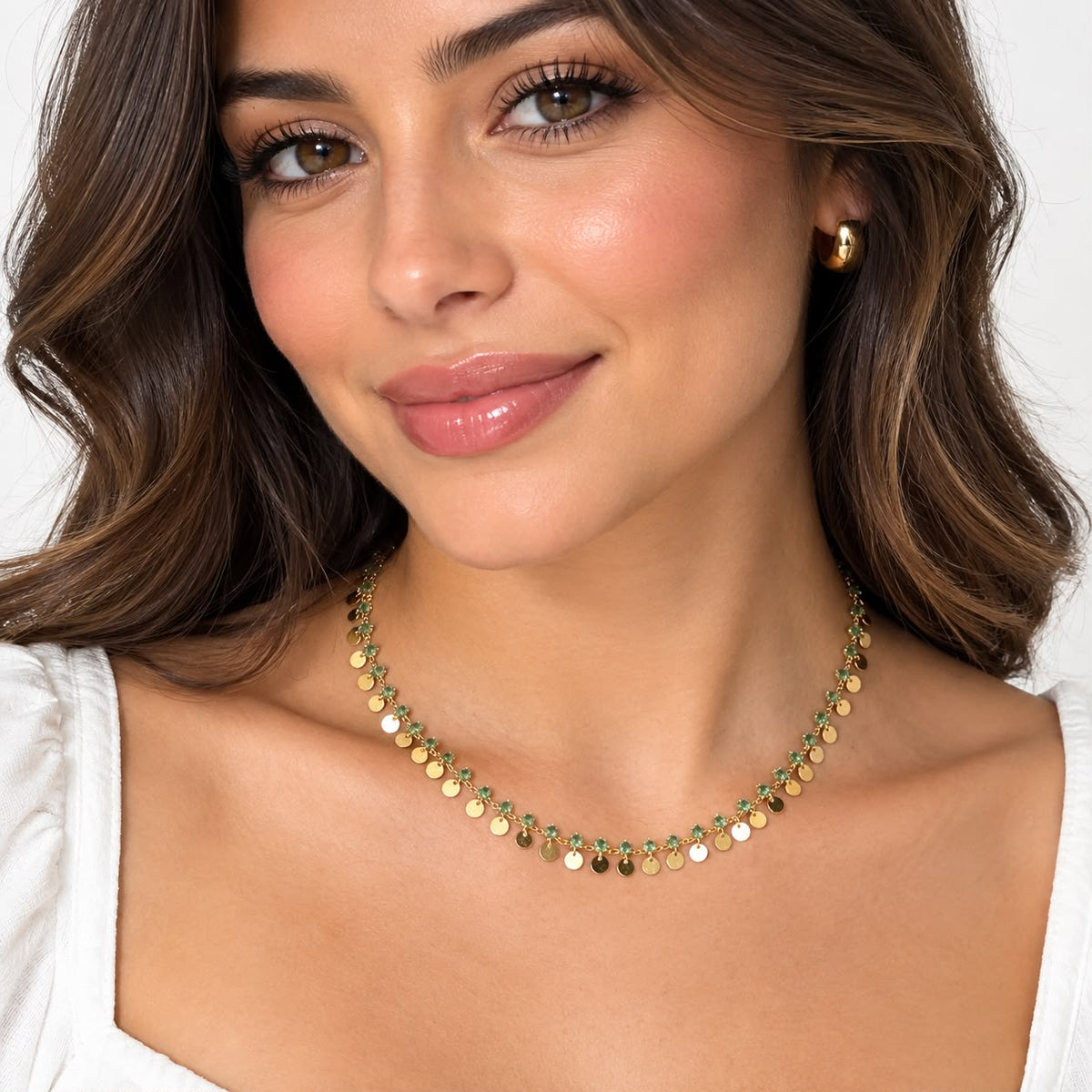 Gold Disc & Green Beaded Dainty Choker Necklace